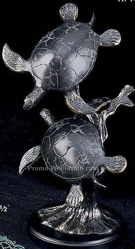 Bronzed Patina Finished Metal Sea Turtles Sculpture With Wood Base