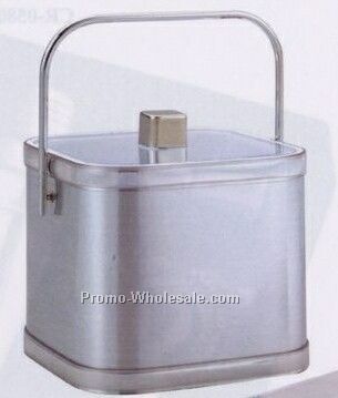 Brushed Silver Double Wall Square Ice Bucket W/ Lid & Tong