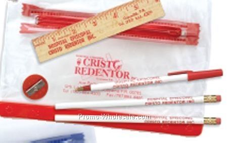 Clear Translucent School Kit With 2 Pencils/ 6" Ruler/ Stick Pen/ Sharpener