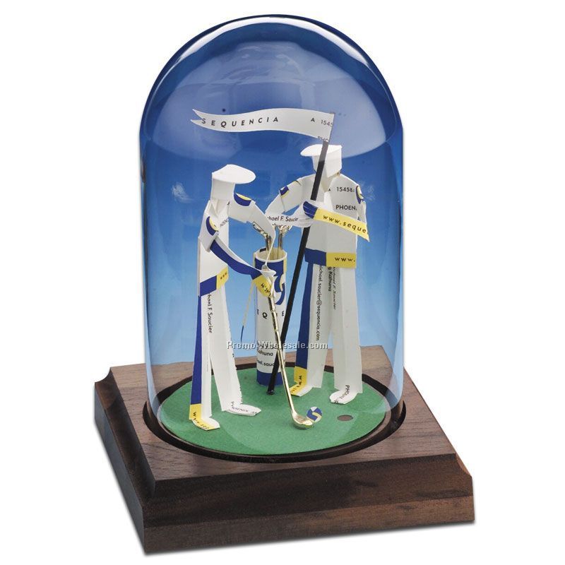 Glass Dome Business Card Sculpture - Golfer W/ Caddy