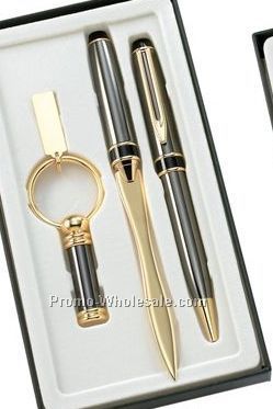 Gun Metal/Gold Trim - Ball Point Pen, Key Ring & Letter Opener Pen Set In G