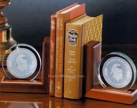 Jade Glass Small Bookends Set On Wood - 5-1/4"x5-1/4"