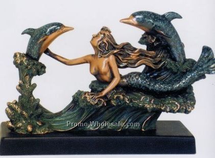 Mermaid Figurine W/2 Dolphins(Patina)