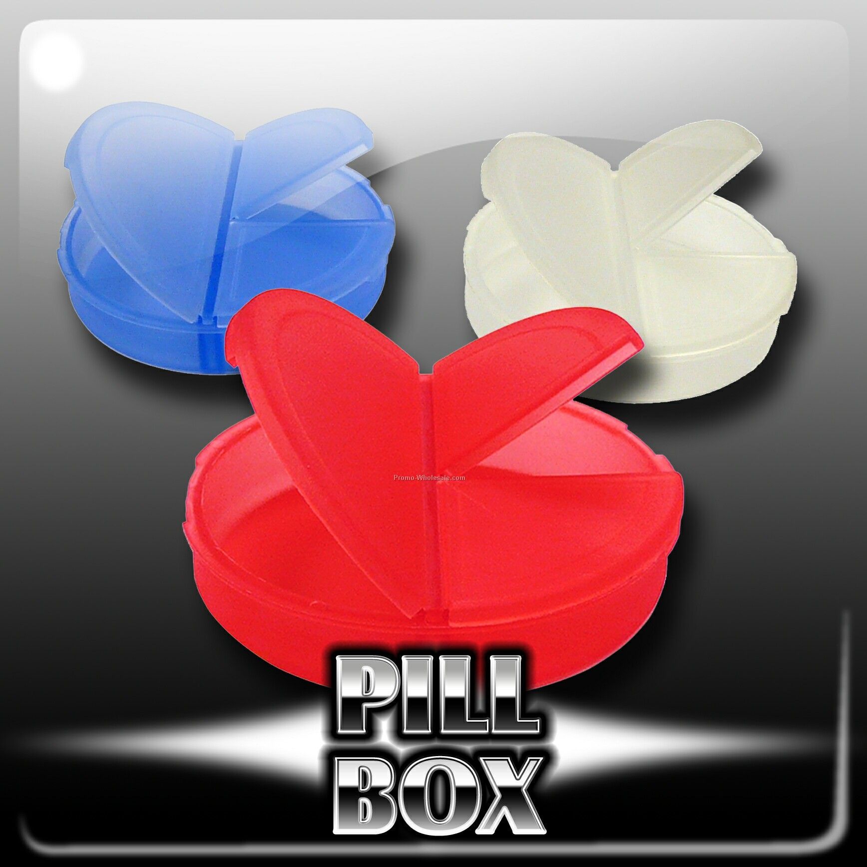 Pill Box, Round, W 3 Snap-closure Compartments