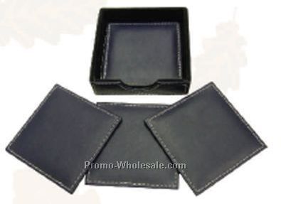 Set Of 4 Square Navy Blue Stone Wash Cowhide Coasters - Open Box