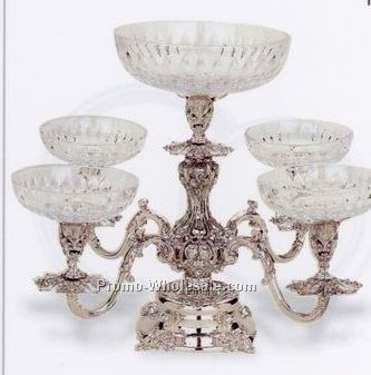 Silverplated 5-light Epergne W/ Crystal Bowls
