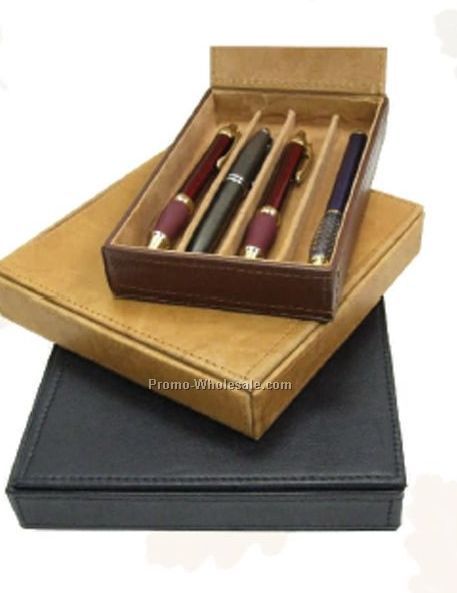 11cmx16cmx3-3/10cm Black Velvet Lined Stone Wash Cowhide Quad Pen Box