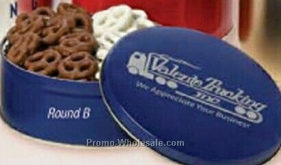 24 Oz. Custom Round Tin - Coated Pretzels