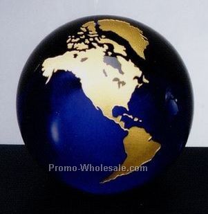 3" Cobalt Blue Molten Glass World Globe W/ Gold Accent