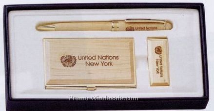 4-1/4"x8-1/3"x1-1/8" Pen/ Case/ Money Clip Gift Set In Rectangle Box