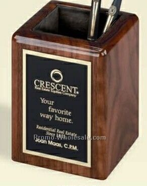 4"x3"x3" High Gloss Walnut Pencil Holder With Plate