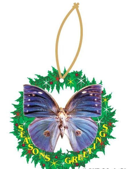 Blue Butterfly Executive Wreath Ornament W/ Mirrored Back (12 Sq. Inch)