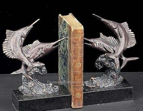 Bronzed Swordfish Book Ends On Marble Base