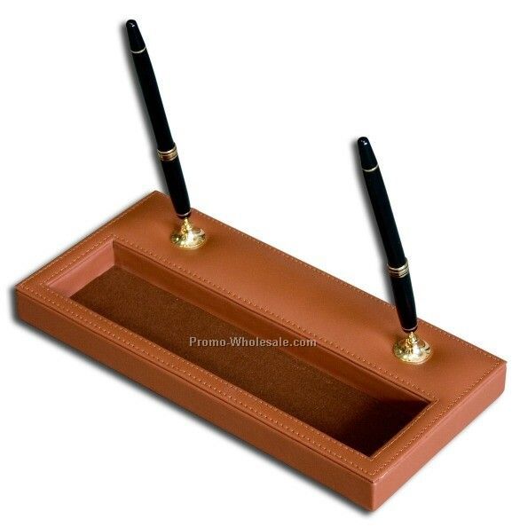 Classic Leather Double Pen Stand - Tan W/ Gold Accents