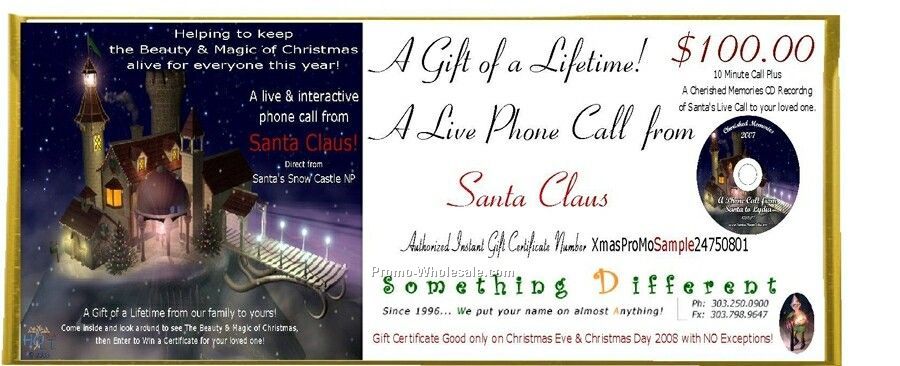 Gift Certificate For Live Phone Call From Mr./Mrs. Santa CD Recording