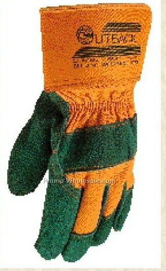 Green Split Leather Palm Cowhide Glove With Gold Fabric Back (One Size)
