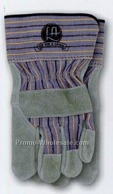 Leather Palm Blue Striped Fabric Safety Cuff Work Glove