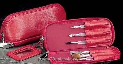 Make Up Set With 6 Brushes In Red Leather Case