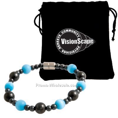 Premium Magnetic Hematite Stretch Bracelet With Blue "cats Eye" Accents