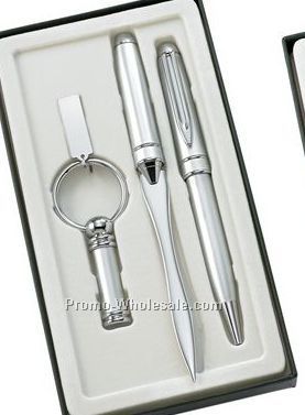 Silver/Silver Trim - Ball Point Pen, Key Ring & Letter Opener Pen Set In Gi