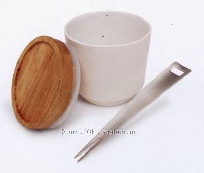 Stoneware Olive Bowl With Stainless Steel Picker