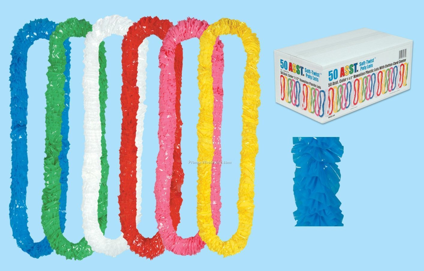 1-1/2"x36" Soft Twist Solid Color Poly Leis W/ Labeled White Box(144 Piece)