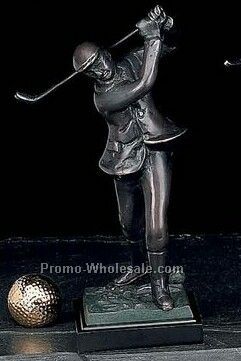 10" Small Man Golfer Bronze Sculpture/Trophy On Marble Base