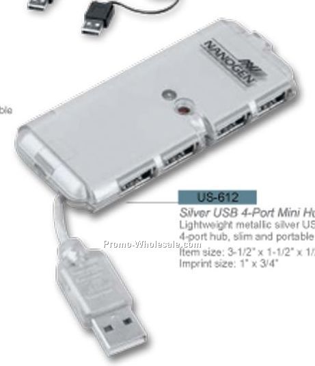 3-1/2"x1-1/2"x1/2" Silver USB 4-port Mini Hub