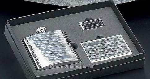 3 Piece Set With 6 Oz Flask, Business Card Case & Money Clip