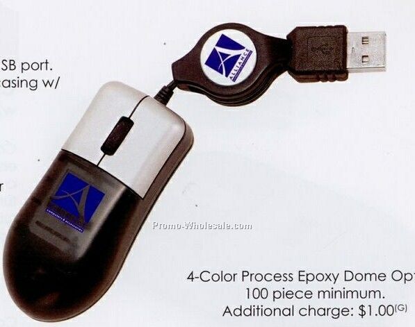 3"x1-1/2"x3/4" Mini-optical Mouse With Retractable Cord