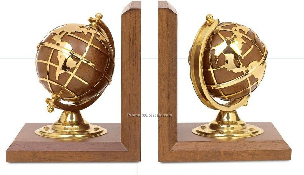 5-1/4"x4-3/4"x6" New Century Globe Gold Plated Brass & Oak Bookends Award