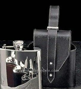 5 Oz. Stainless Steel Chrome Flask With Black Leather Carrying Case