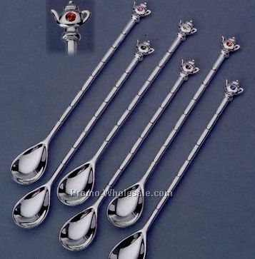 6 Set Silver Plated Teapot Ice Tea Spoons W/ Crystals