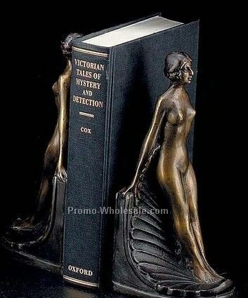 8-1/2" Bronze Deco Lady On Wood Bookends