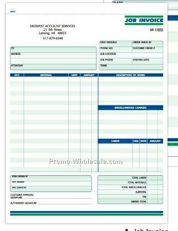 8-1/2"x11" 3 Part Job Invoices Formatted Snap Sets