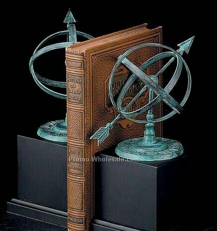 9" Brass Sundial Verdigris Bookend On Wood Base