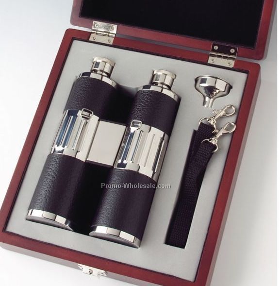 Binoculars Flask Set In Wood Box