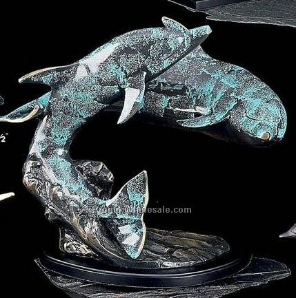 Blue Patina Finished Metal Dolphin Romance Sculpture With Wood Base