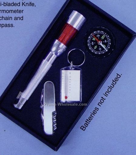 Camping Kit (Flashlight/ Multi-bladed Knife/ Thermometer/ Keychain/Compass)