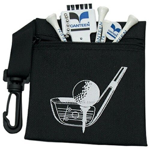 Canvas Zippered Golf Pouch (4 Tees/ 1 Ball Marker/ 1 Divot Tool W/ Brush)