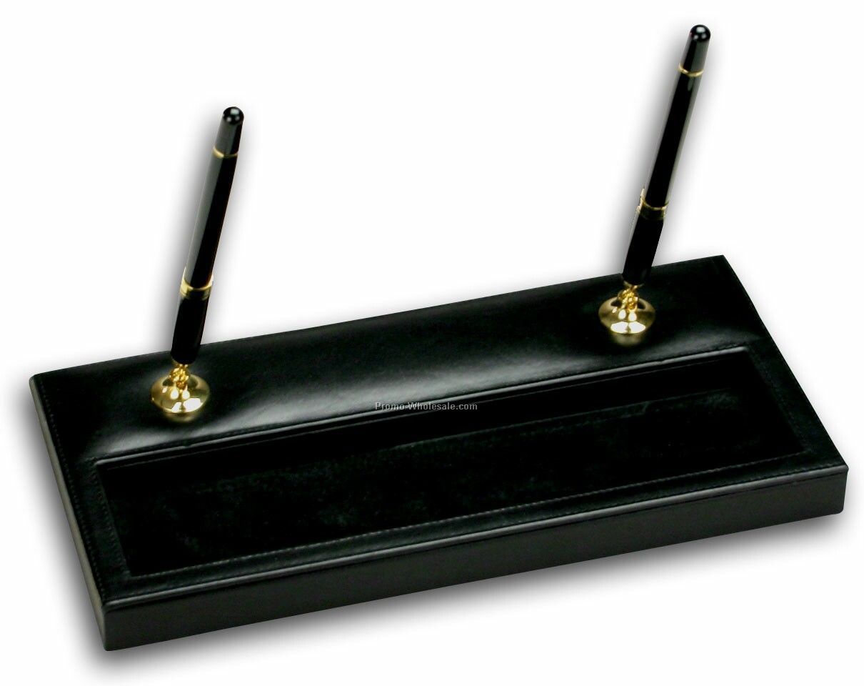 Classic Leather Double Pen Stand - Black W/ Gold Accents