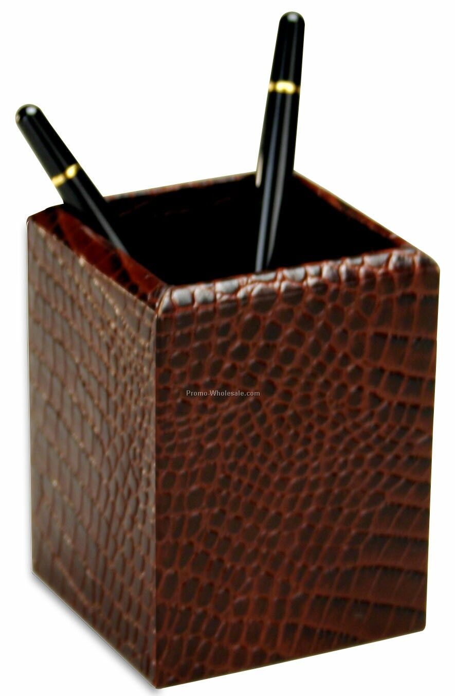 Crocodile Embossed Leather Pencil Cup - Brown