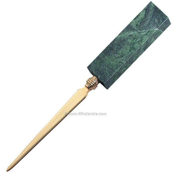 Desk Top Collection / Letter Opener / Gold Tone W/ Green Marble Handle