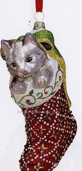 European Blown Glass Ornament Collection/ Cat In Stocking
