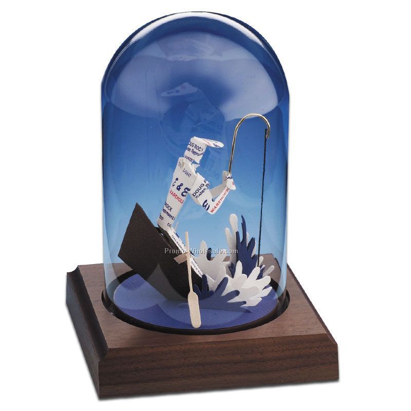 Glass Dome Business Card Sculpture - Comic Fisherman