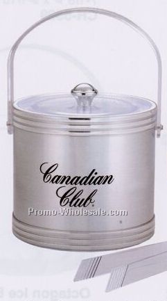 Gold Double Wall Ice Bucket W/ Lid & Tong W/ 3 Stripe Bands