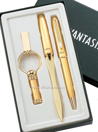 Gold/Gold Trim - Ball Point Pen, Key Ring & Letter Opener Pen Set In Gift B