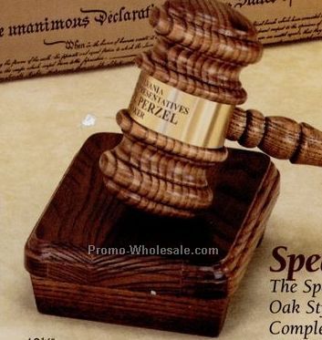 Oak Style Speaker's Gavel W/ Brass Engraving Band & Sound Block