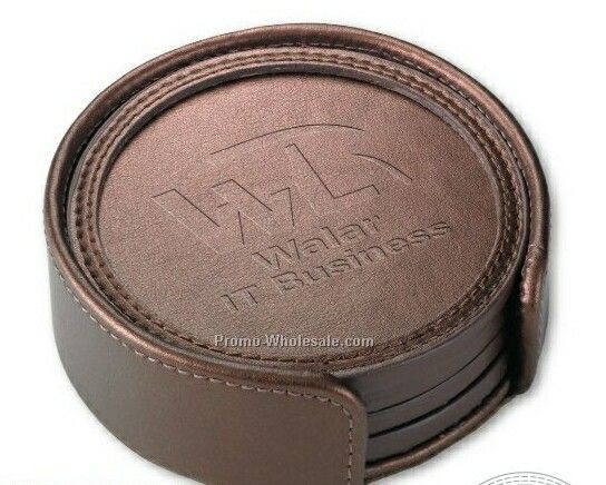 3-7/8" 4 Piece Accent Rimmed Coaster Set W/ Matching Leather Holder