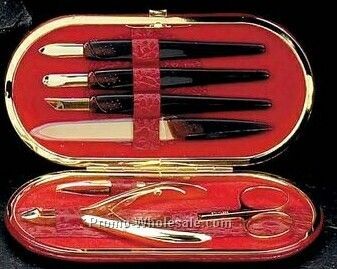 7 Piece Manicure Set In Red Leather Croco Case - Gold Plated
